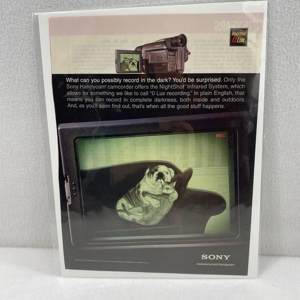 Vtg Print Ad 90's Sony Camcorder Cat Dog Genuine Magazine Advertisement Ephemera